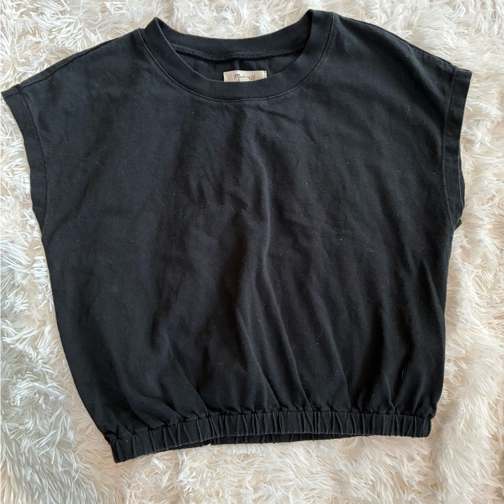 Madewell Black Cropped Elastic-Hem Tee - Picture 1 of 3